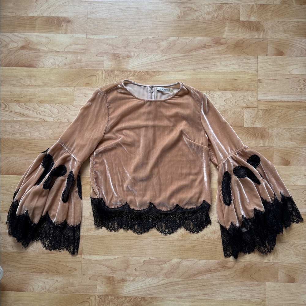 Alice + Olivia Tan Velvet Blouse with Black Lace
